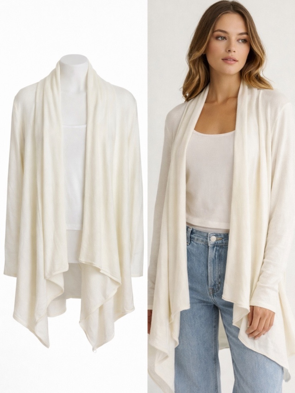 Groceries Apparel | Ivory Lyocell Fleece Cardigan | Open Front Draped | Small